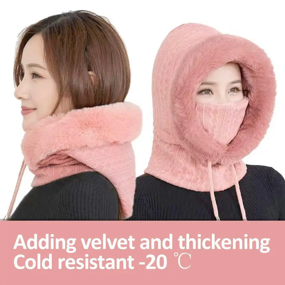 Winter Hat For Women Hooded Face Mask Fluff Keep Warm Thicken Style Neck Scarf Hooded Cap Beanie Knitted Cashmere Neck Warmer