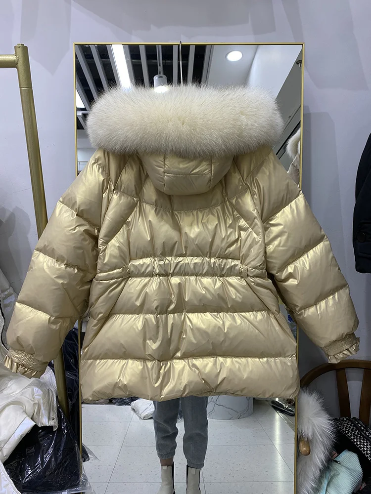 

Short 2023 Thick Winter Parka Women Glossy Waterproof Puffer Coat Female Real Fox Fur Hooded 90% White Duck Down Jacket