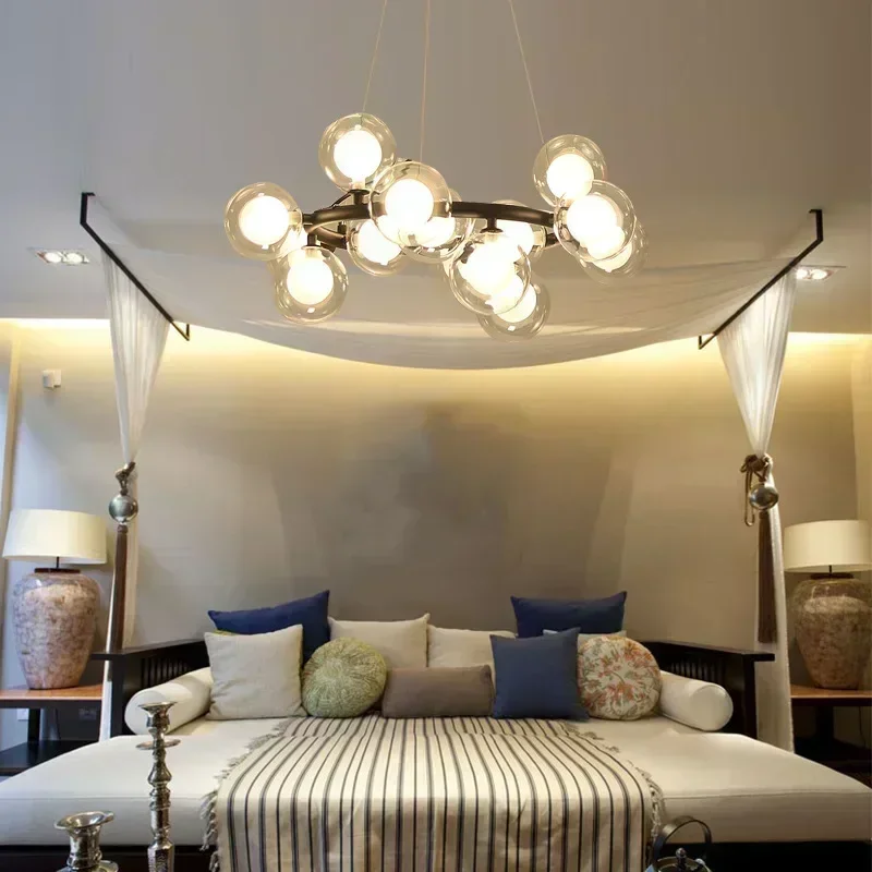Modern White Glass Ball Black Gold Chandelier Simple Bubble Hanging Lights Living Room Bedroom Restaurant Bookstore Lighting