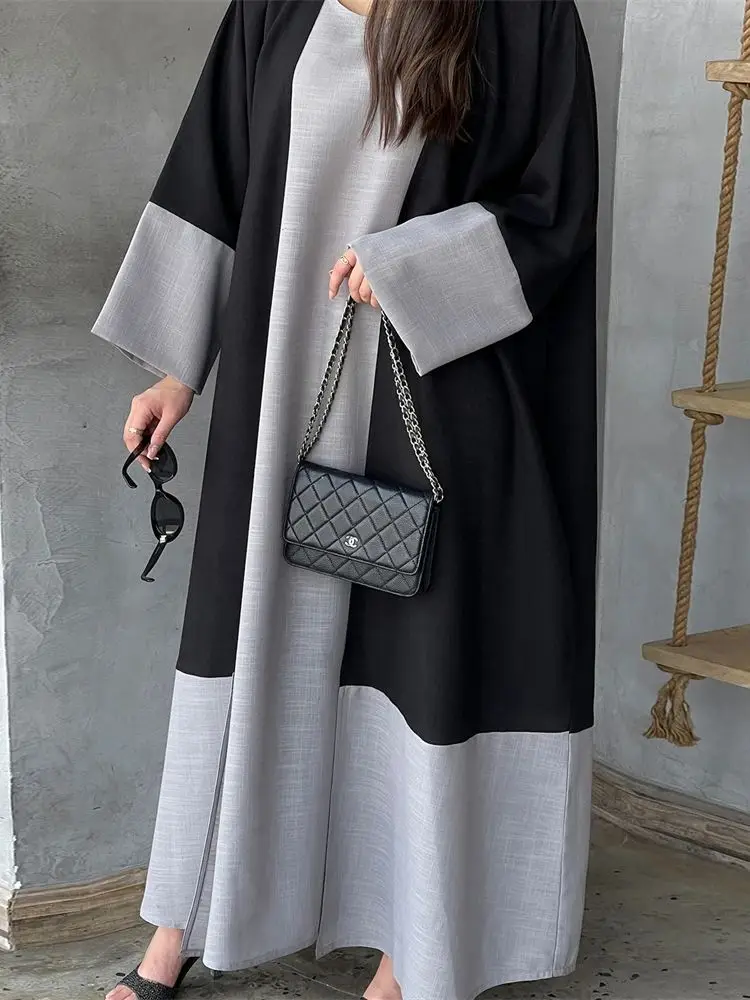 Eid Dubai Linen Kimono Abaya 2 Piece Set Muslim Sets Kaftan Modest Dresses Abayas For Women Caftan Marocain Ensembles Musulmans