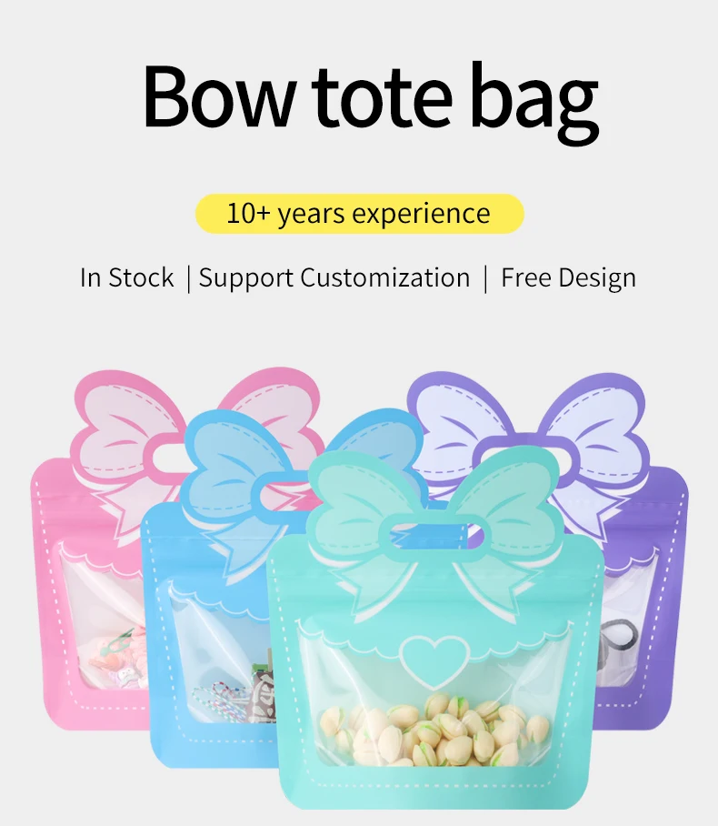 10 Stück Geschenkverpackungsbeutel mit Schleife, niedlicher Stil, Kunststoff, selbstdichtend, für Kinder, Urlaub, Snacks, Süßigkeiten, Aufbewahrung, Cartoon-Schleife, Geschenktüten – Detail 1