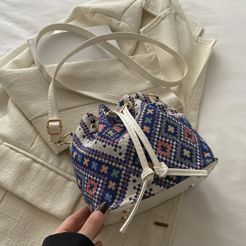 

New Casual Single Shoulder Ethnic Style Crossbody Drawstring Bucket Bag
