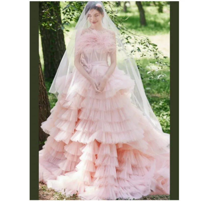 Customized Sweet Pink Wedding Dress Classic Strapless Simple Vestidos De Novia New Simple Long Robe De Mariee With Train