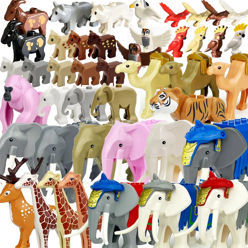 MOC-bloques de construcción de escena de animales, elefantes del zoológico, jirafas, chimpancé, Camelos, cabras, loros, palomas, accesorios, juguetes de ladrillos N09