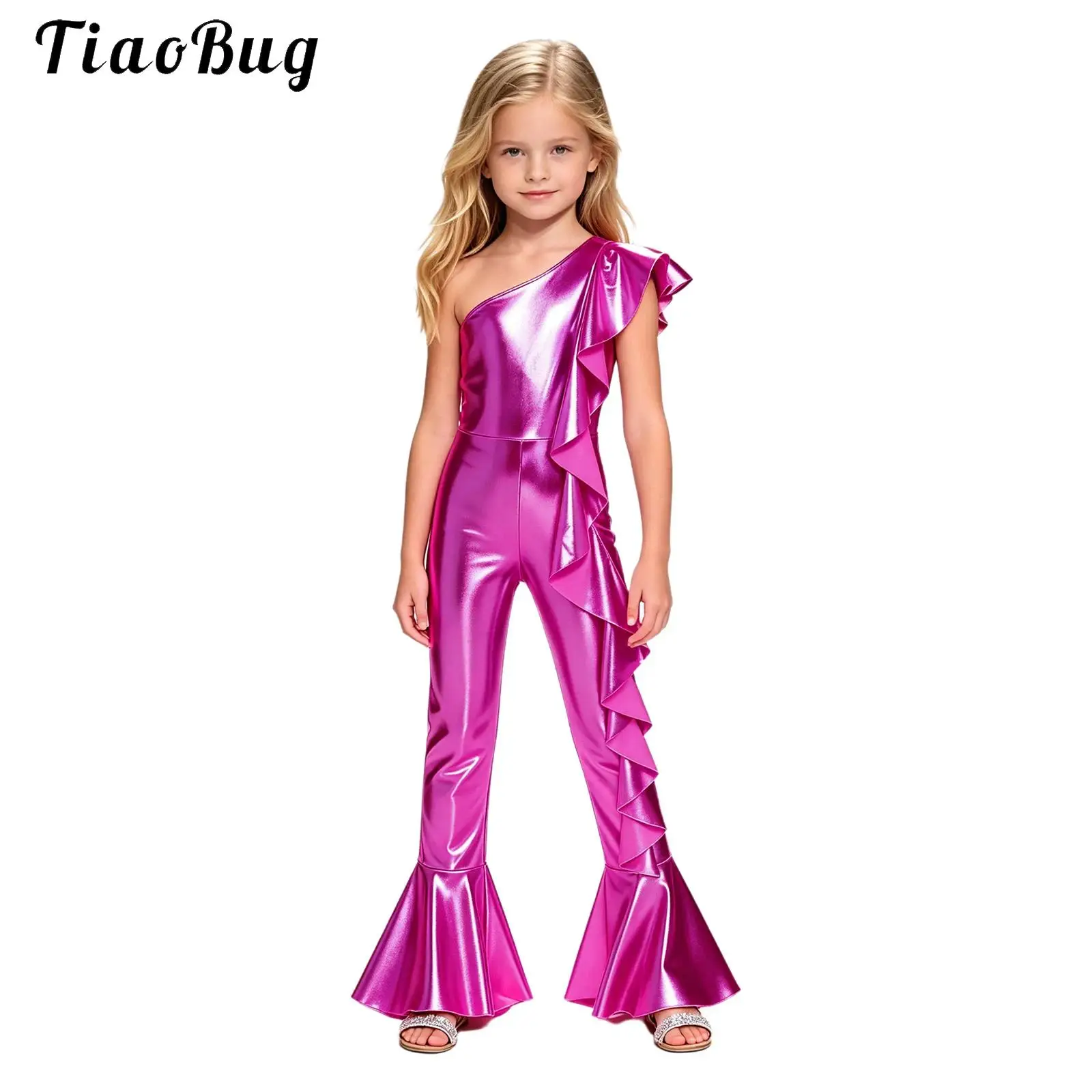 Metallic 70S Disco Hippie Costume Kids Girls Shiny Pageant Rompers Jazz Dance Jumpsuit One Shoulder Ruffles Bell Bottom Bodysuit