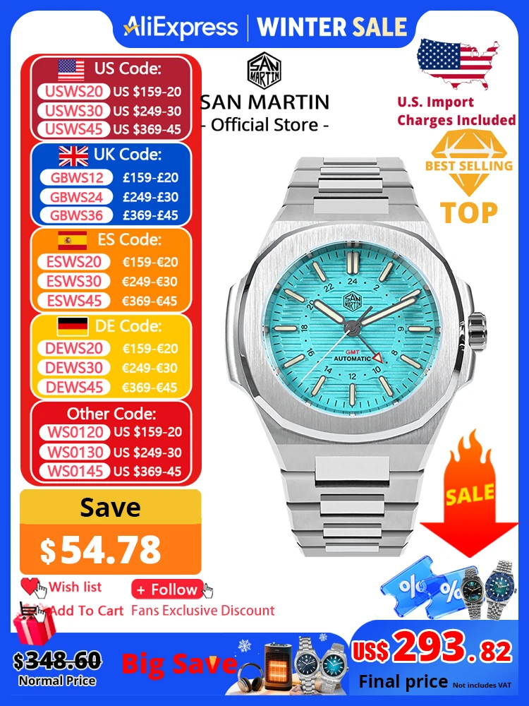 

San Martin Mens Watch New 43mm GMT Classic Business Luxury Automatic Mechanical Watches for Men Sapphire 10Bar BGW-9 Luminous