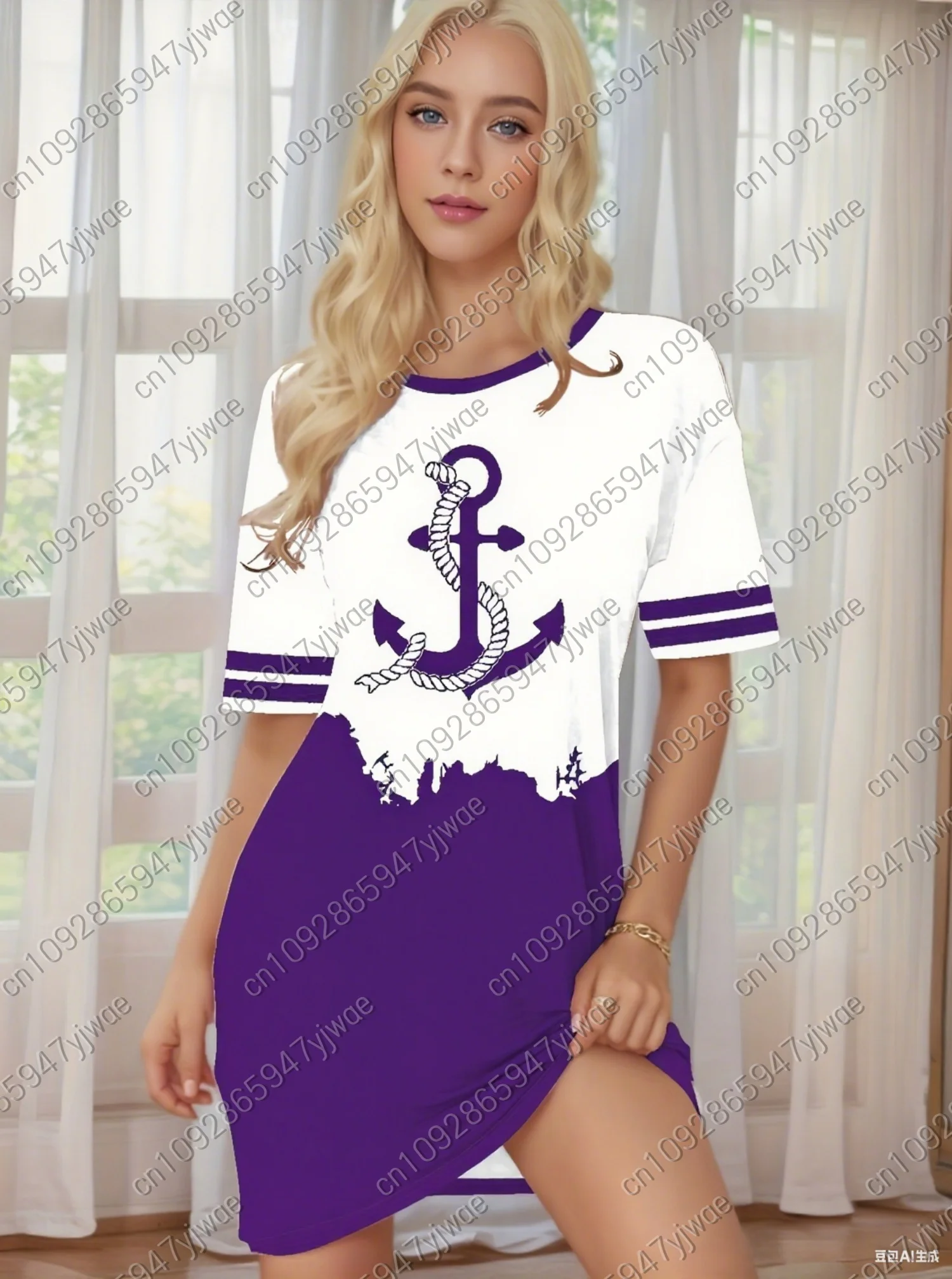 ชุดเดรสเสื้อยืดพิมพ์ลายสมอเรือ 3 มิติสำหรับผู้หญิง ฤดูร้อน 2025 ทรงหลวม สบายๆ คอกลม แขนสั้น เสื้อผ้าผู้หญิง