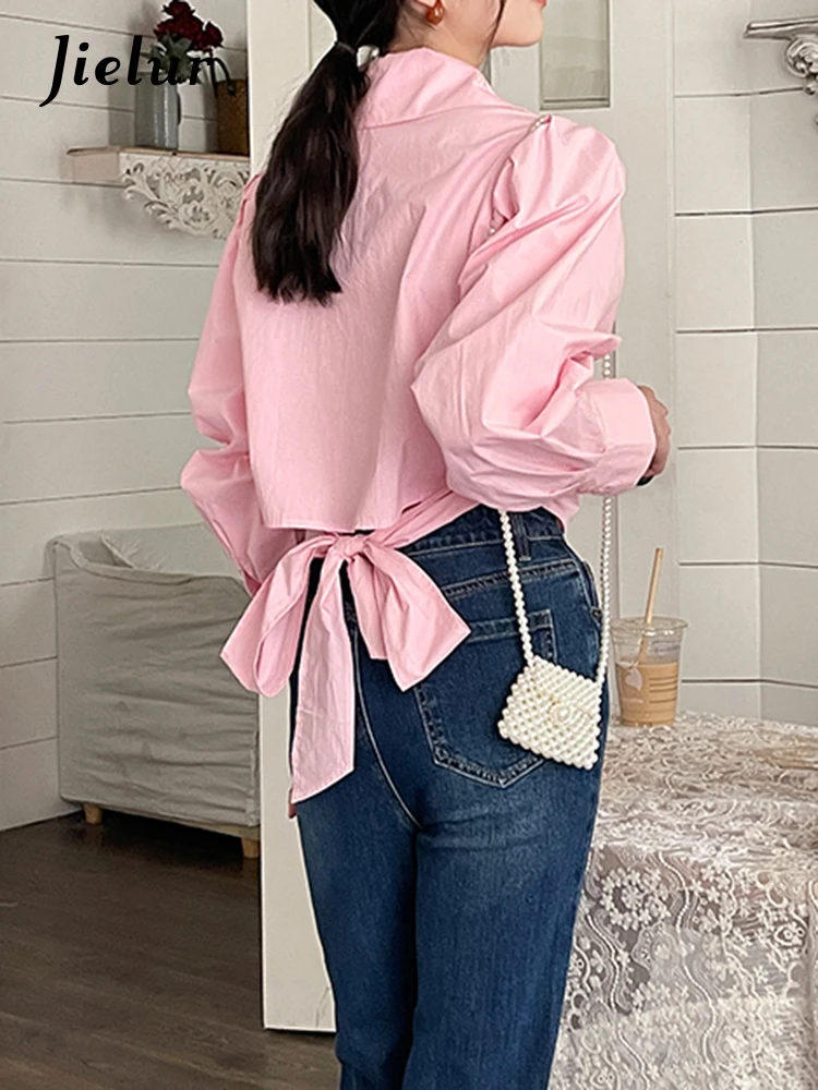 Jielur-Blusa informal con lazo rosa para mujer, blusa de estilo francés con cuello en V, manga larga de Color sólido, blusas ajustadas para mujer