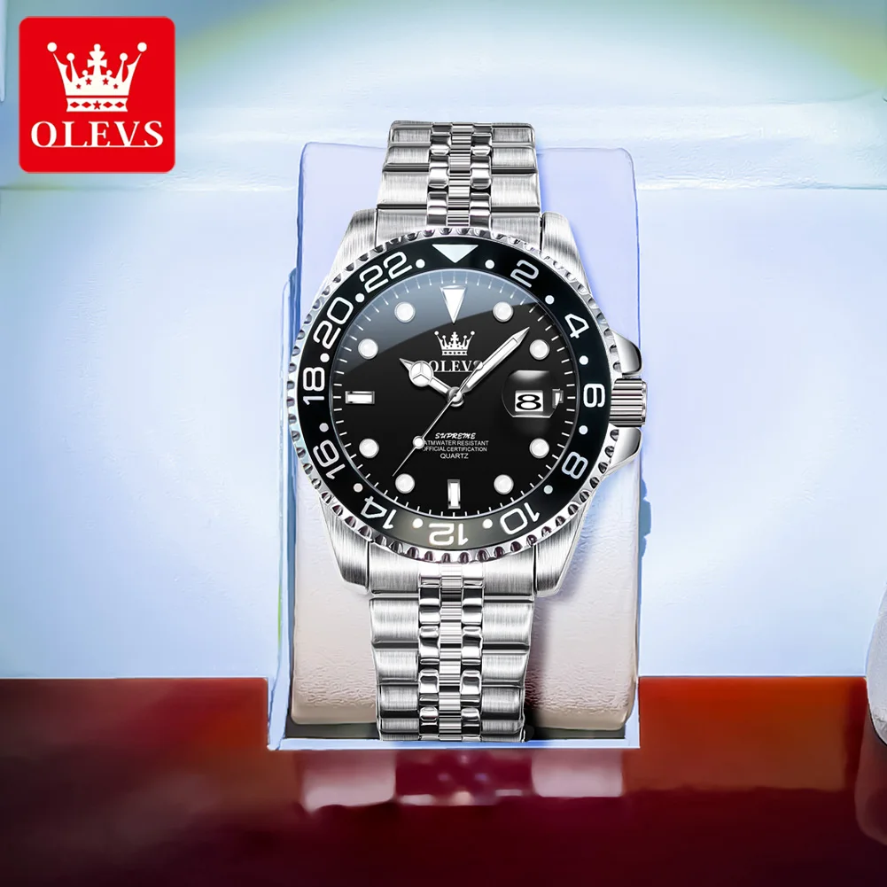 OLEVS 5657 ساعة رجالي أصلية من الفولاذ المقاوم للصدأ تاريخ ساعة كوارتز مقاوم للماء ساعات رياضية مضيئة للرجل صندوق هدايا Reloj