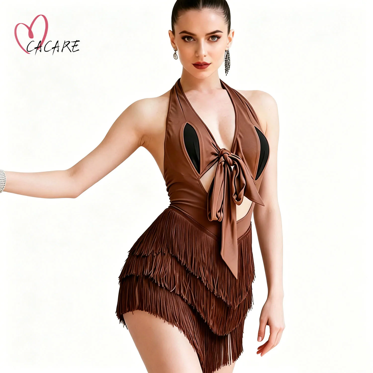 

Women Latin Dance Dress Halter Neck Fringe Tango Salsa Practice Costume Sexy Backless Chain Ballroom Competition Performance 562