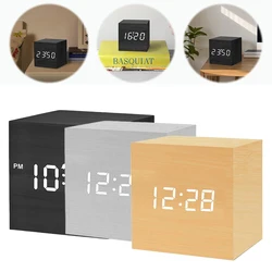 Wooden Digital Alarm Clock Voice Control Electronic Desktop Clock USB/Battery Powered LED Bedside Clock for Office Room Decor