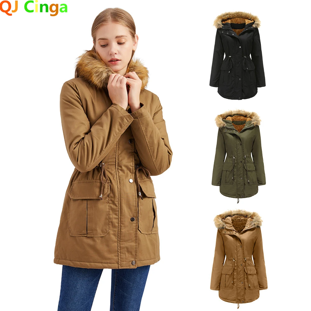 Casaco de inverno quente feminino gola de pele casacos casacos para senhora longo fino velo parka hoodies parkas