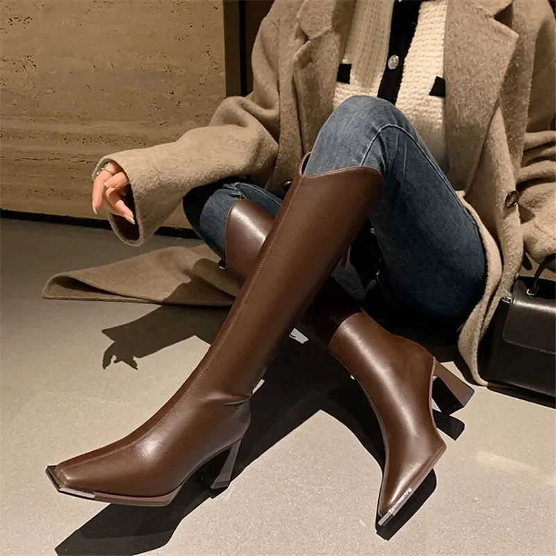 2023 New Winter Knee-High Boots for Women Square Toe Knight Boots Split Leather Women Boots High Heels Concise Boots De Mujer