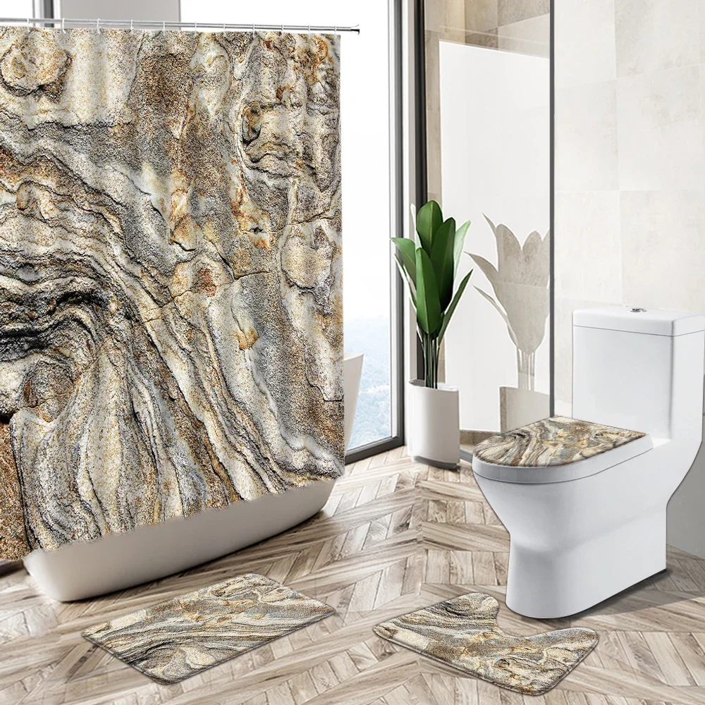 Stone Pattern Marble Printed Shower Curtain Set European Style Home Creative Deco Bath Mat Toilet Cover Flannel Bathroom Carpet