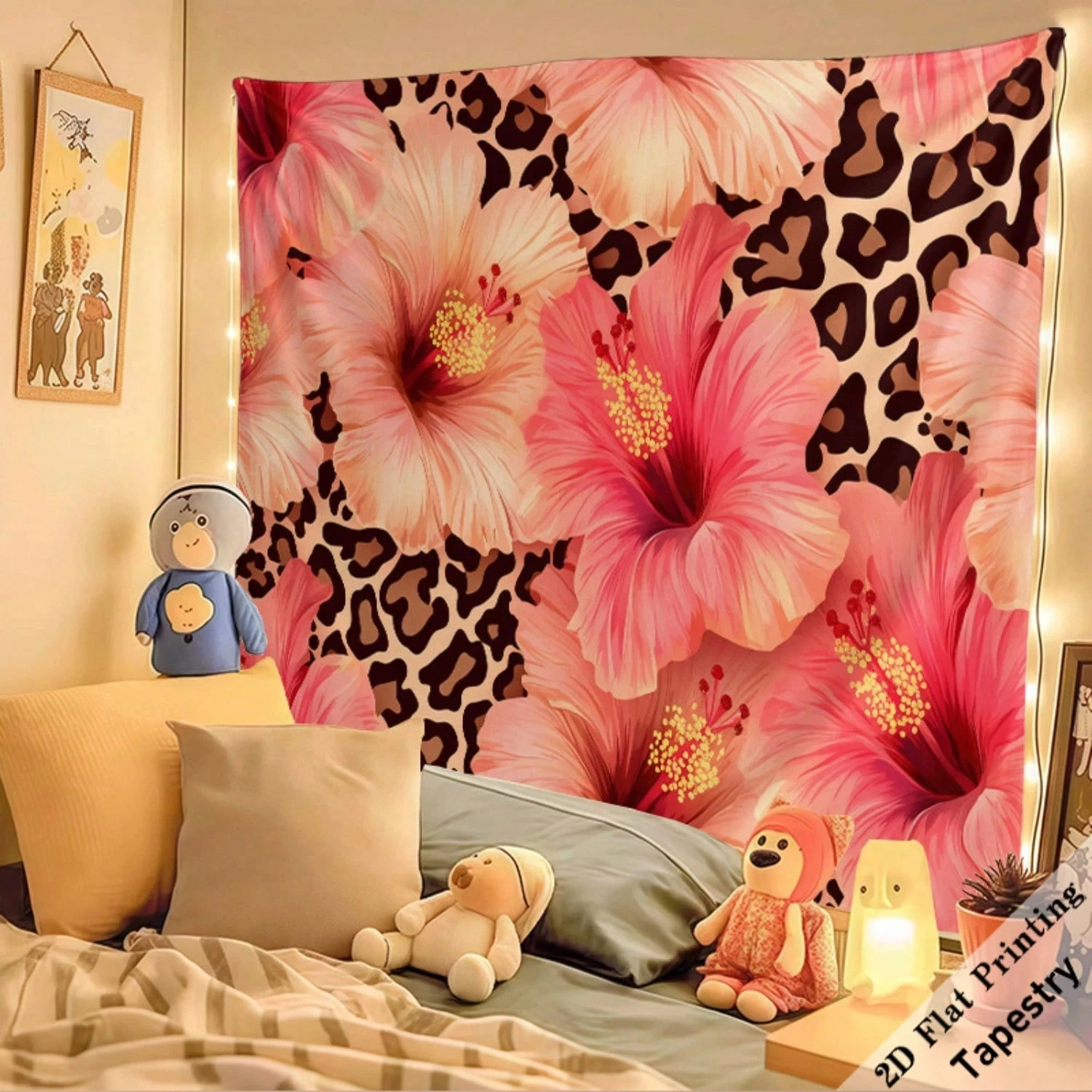 1pc Pink Hibiscus Leopard Print Tapestry Floral Animal Wall Hanging Cool Room Stuff Large Size Polyester 2d Print