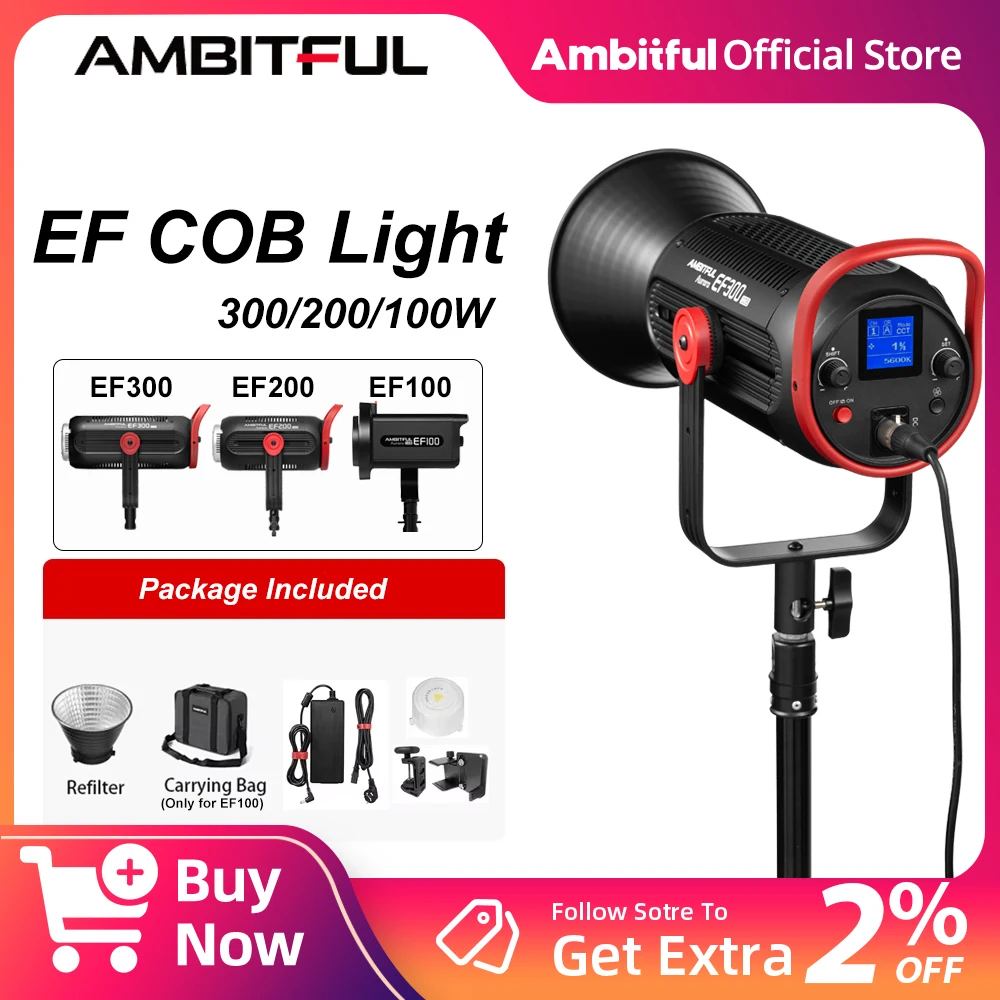 

AMBITFUL EF300 EF200 EF100 COB LED Video Light With Softbox&2.8m light Stand APP Control Bowens Mount For Photography Studio