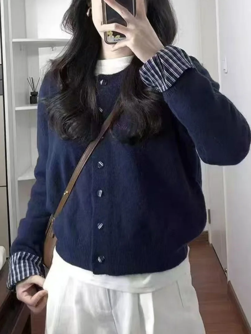 

Вязаный свитер премиум-класса на пуговицах, женское весенне-осеннее клетчатое цветное пальто, свободный крой из двух предметов, длинный свеч, круглый Ne