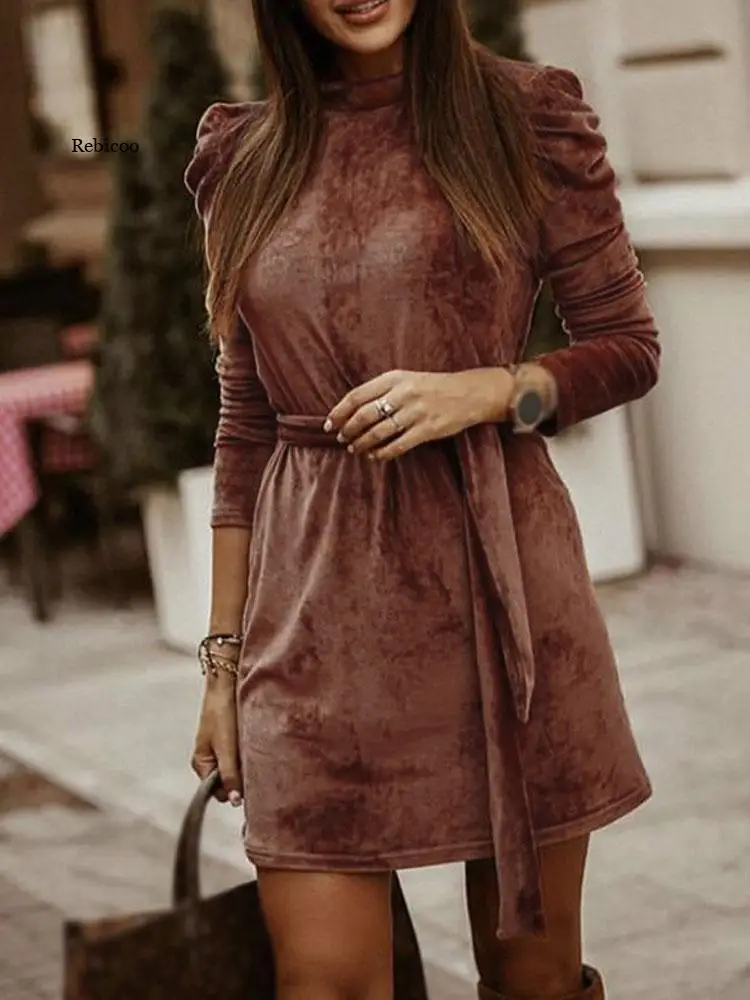 

Velvet Long Sleeve Women's Mini Dress Autumn Winter Bandage Belt Retro Female Short Dresses 2021 Vintage Elegant Party