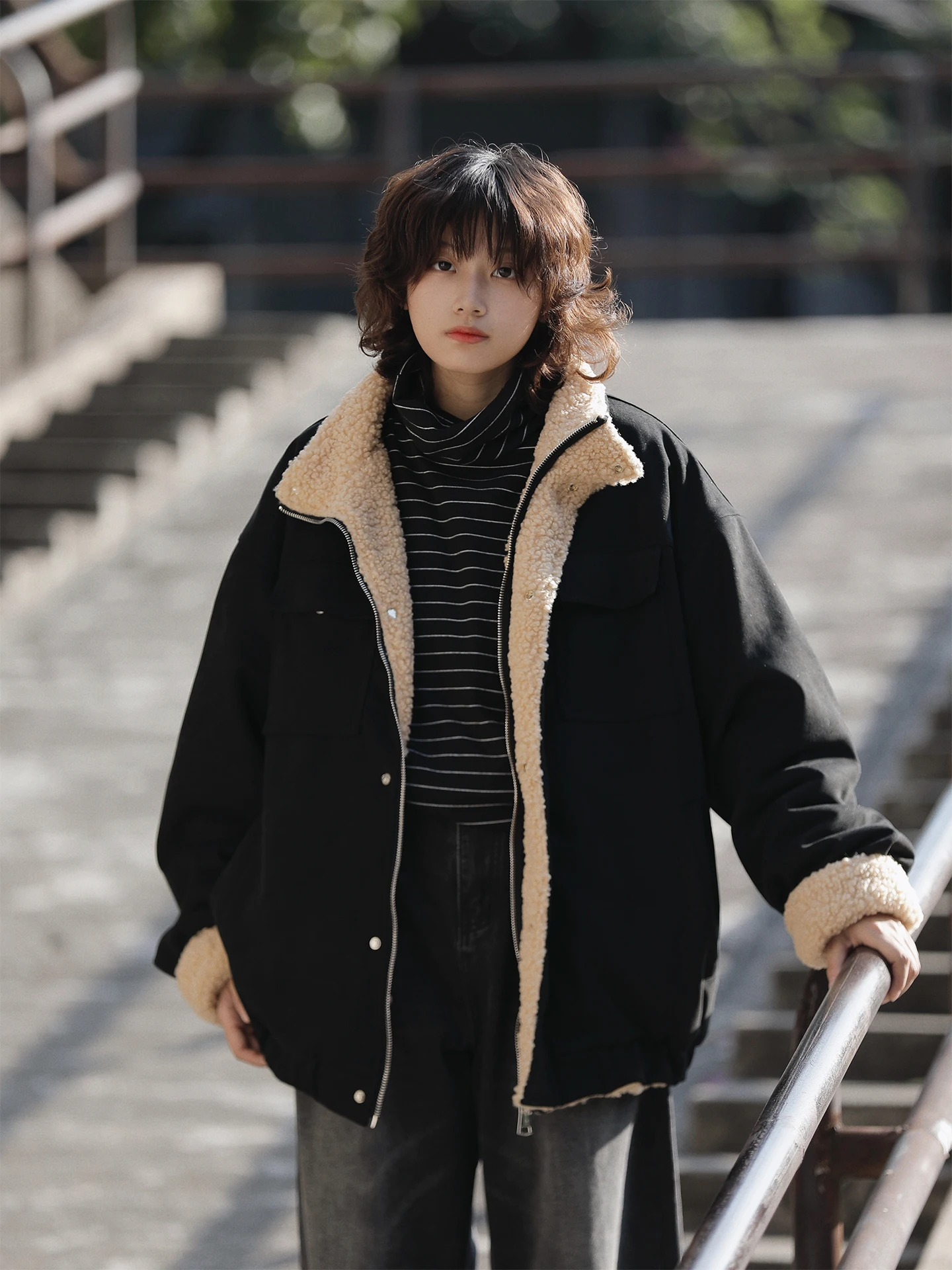 

Men's Thiened Warmth Cotton Jaet Lamb Velvet Suede Winter Retro Couple's Outerwear Youth Trend Loose Fit Zipper Closure