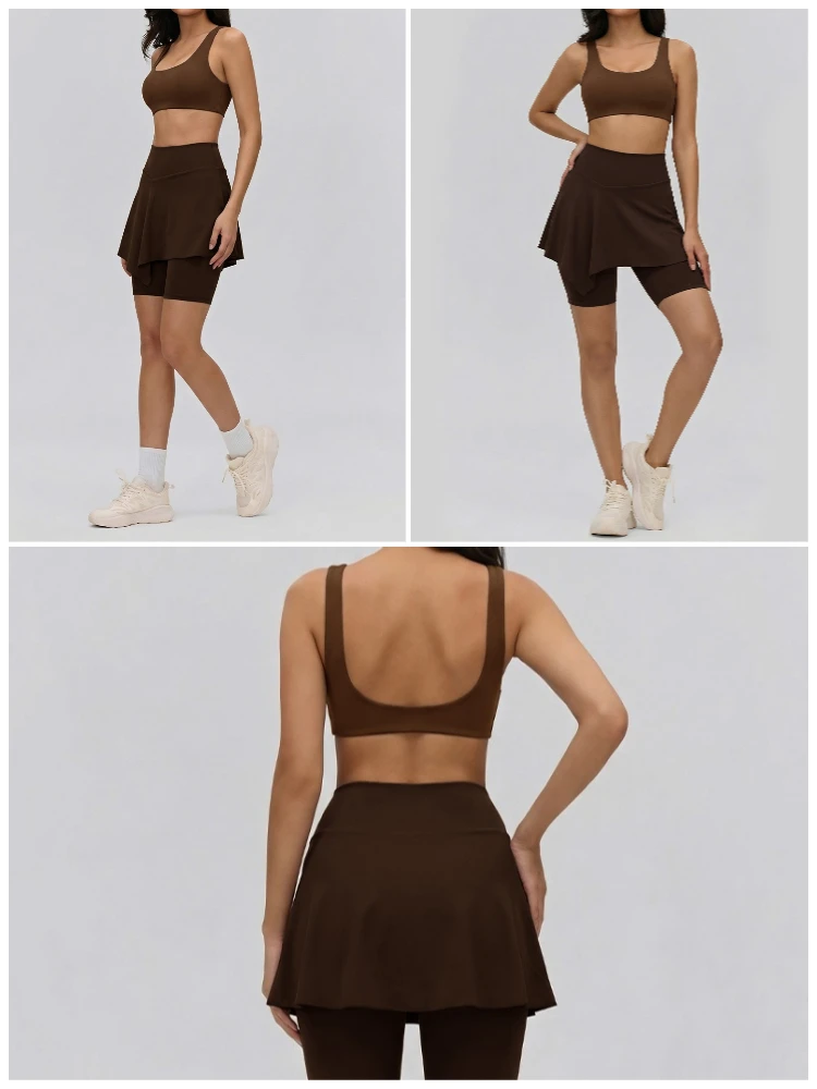 VITALINOVO Damen 2-teiliges Tennisrock-Set Hochgeschnittenes Rüschen-Golf-Outfit Skort Quadratischer Ausschnitt Sport-BH Athletisches Kleid Pickleball – Detail 9