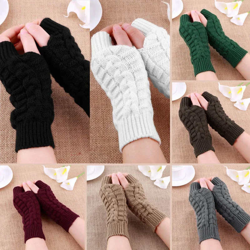 Women's Knitted Long Hand Gloves Winter Warm Fingerless Embroidered Guantes Luvas for Women Girl Invierno