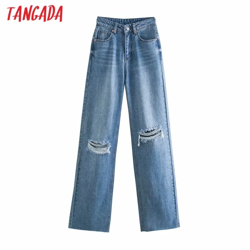 Tangada Fashion Women Hollow Ripped Blue Denim Jeans Pants Trousers High Waist Lady Pants Pantalon 4M02