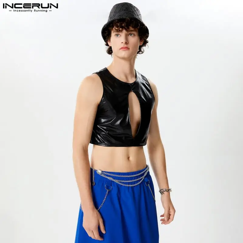 Sexy Stylish Style Tops INCERUN Men\'s Glitter Fabric Hollow Cropped Vests Casual Clubwear O-neck Sleeveless Tank Tops S-5XL 2024