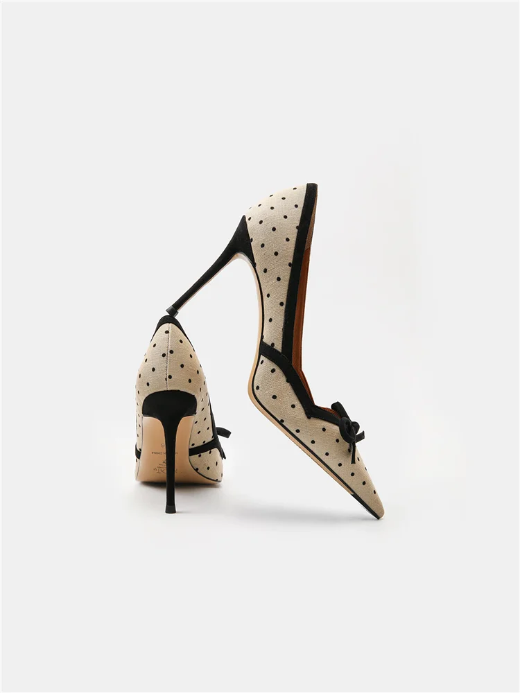 Autumn new pointed shallow mouth cloth surface wave point bow single shoe banquet dress small size slim high-heeled women's shoe