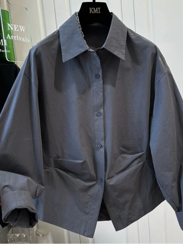 

Authentic Autumn irt Women's Loose Pure Color Casual Sle Long Sve Folded Design Sensation Garment for Teen Girls