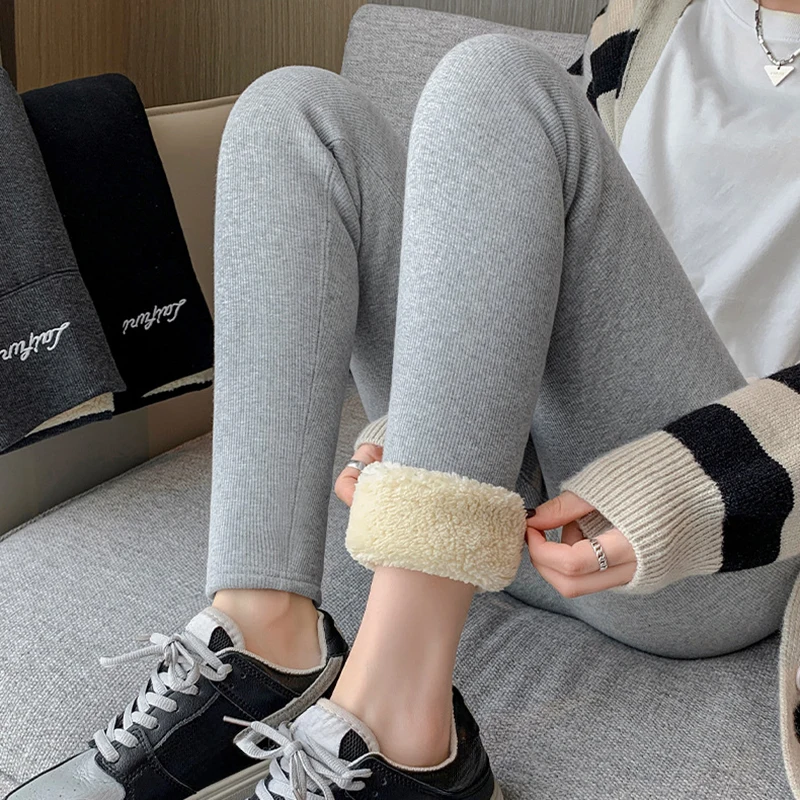 Fall Winter Thicken Warm Camb Fleece Leggings Women Fashion Letter Embroidery Tight Leggings Korean Seamless Nude Feel Leggings