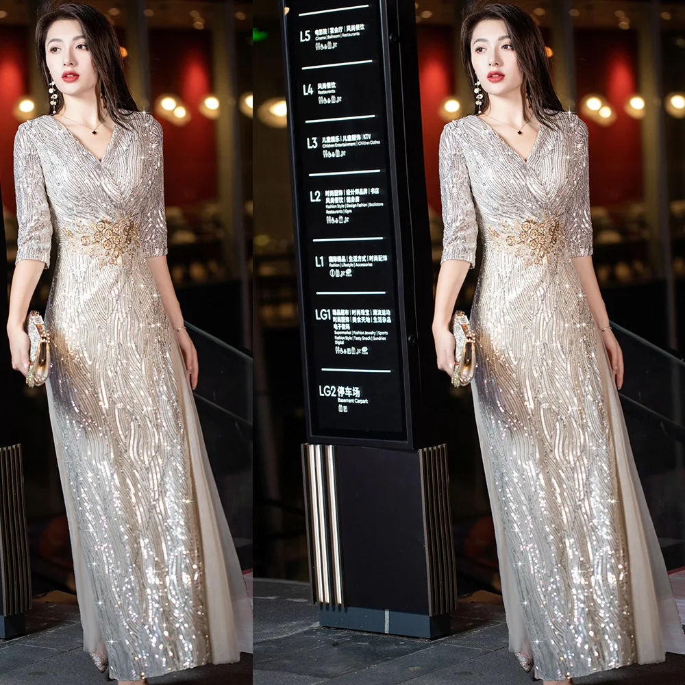 Champagne Straight Evening Party Dress Gown Female Bling Sequins V-Neck Sexy Qipao Mesh 3/4 Sleeve Cheongsam Zipper Vestidos