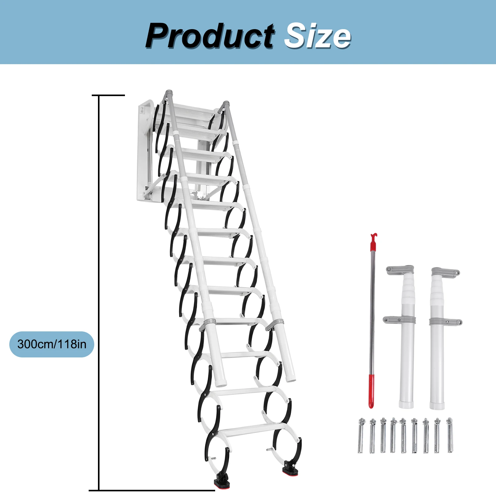 12 Steps Wall-Mounted Folding Stairs, Metal Anti-Slip Retractable Attic Ladder, Pull Down System with 2 Side Rails for Home