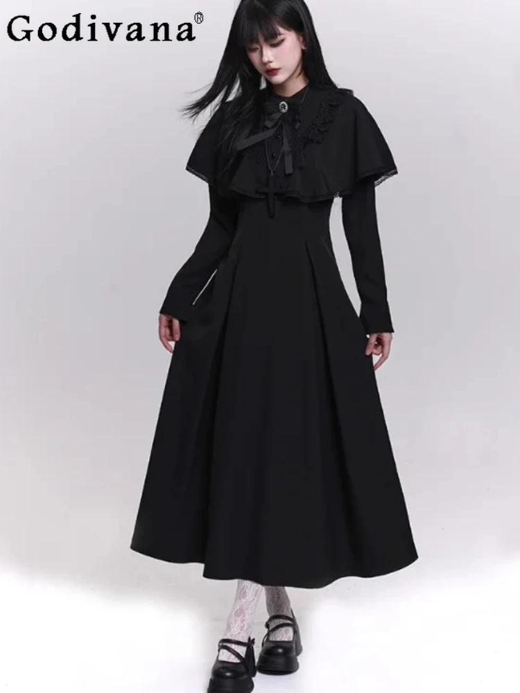 Autumn Winter Fashion High Waist Gothic Japanese Lace-up Black Dress Stand-up Collar Versatile Personality Long-sleeved Dresses