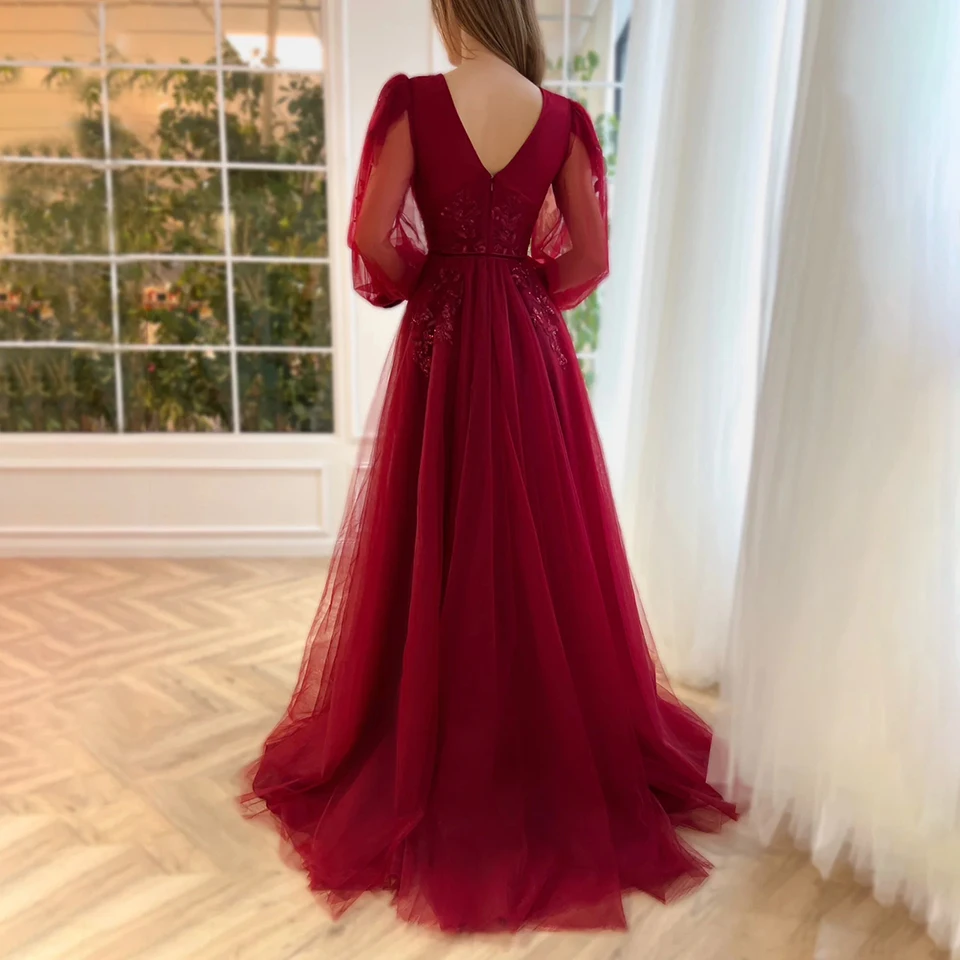 Gaun Malam Formal Applique Renda Lengan Bengkak Burgundy Kustom 2025 Gaun Prom Pesta Panjang Panjang Selantai Tulle untuk Wanita