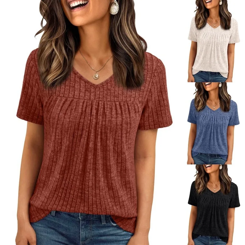 Women's T-shirt new summer short sleeved V-neck T-shirt loose casual pleated top