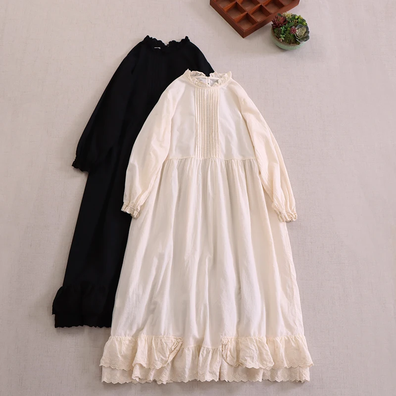 

Japanese Sweet Mori Girl Solid Color Cotton Dress Women Spring Summer New Long Sleeve Casual Loose Embroidery Ruffled Hem Dress