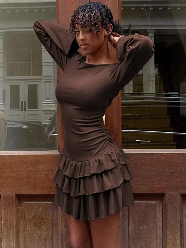 

Autumn Long Sleeve Ruffle Sexy Mini Dress Women Fashion Solid O Neck High Waist A-line Tiered Club Party Dress Female 2025