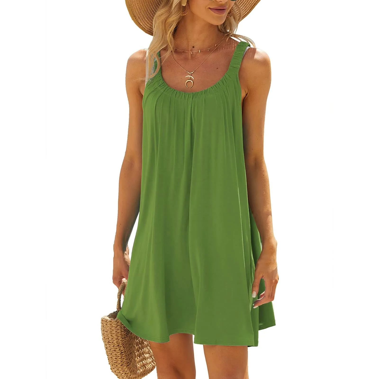 Vestido de praia Boho com cinta de espaguete feminino, vestido Boho verão, monocromático solto vestido cami de férias praia, camiseta de algodão feminino