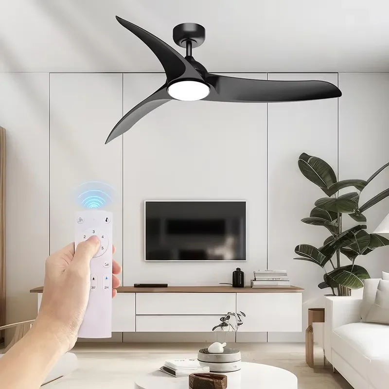 Modern Black Metal LED Chandelier with Fan Blades Remote Control Ceiling Socket for Kitchen