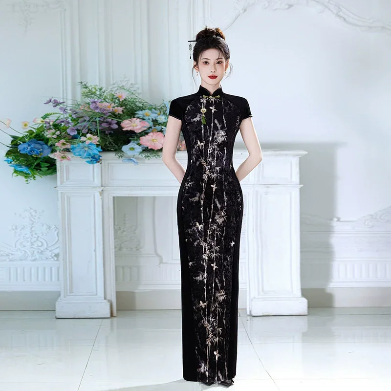 

Старый Шанхайский черный китайский стиль длинное улучшенное платье Ципао для молодых женщин в стиле ретро с короткими рукавами весна/лето