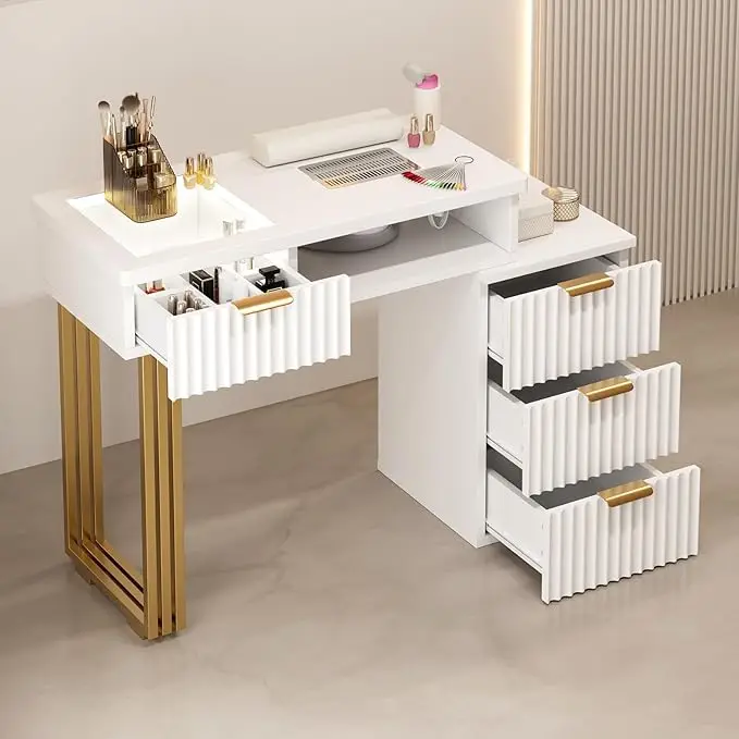 Manicure Workstation Nail Tech Dust Collector Desk 4 Drawers LED Lights Acetone Resistant Wrist Cushion Golden Leg Beauty