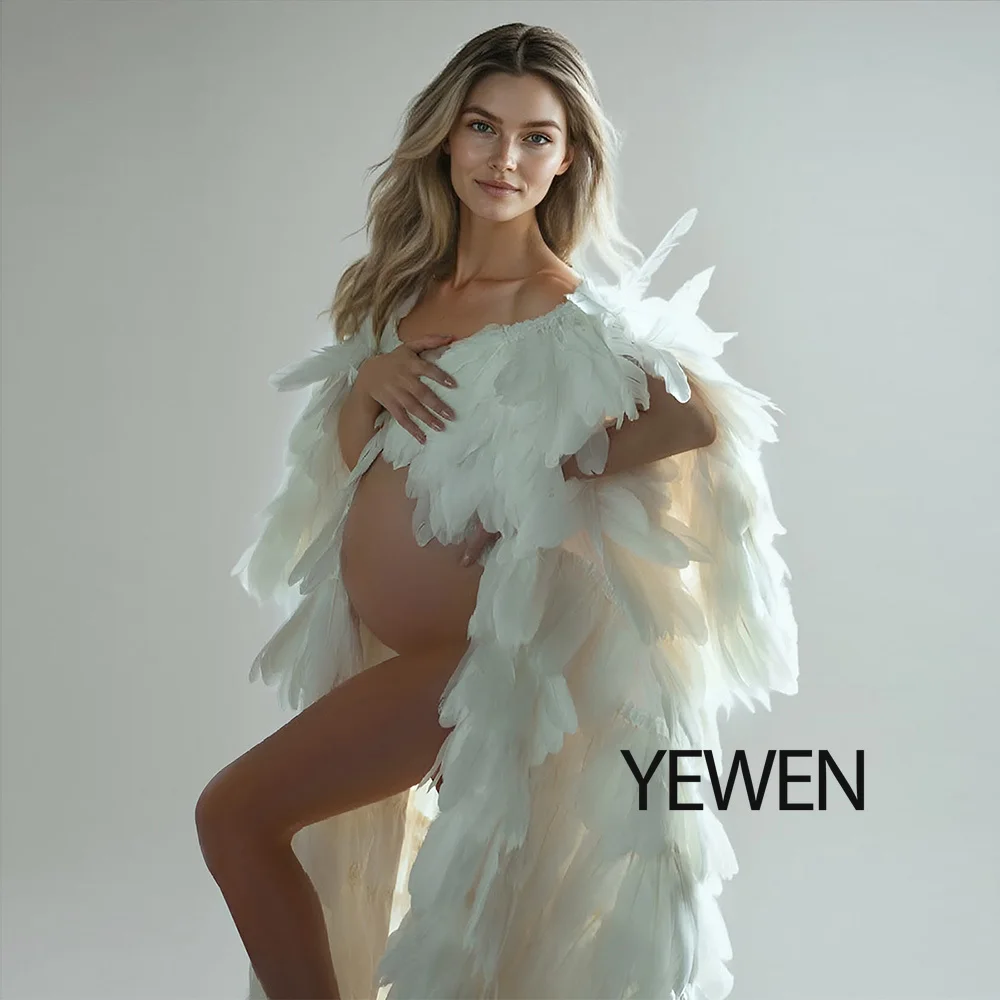 Ivory Feather Cape Dress Wedding Photography Dresses Robe Maternity Jacket Boudoir Coat Elegant Fluffy Dress for Photo Shoot