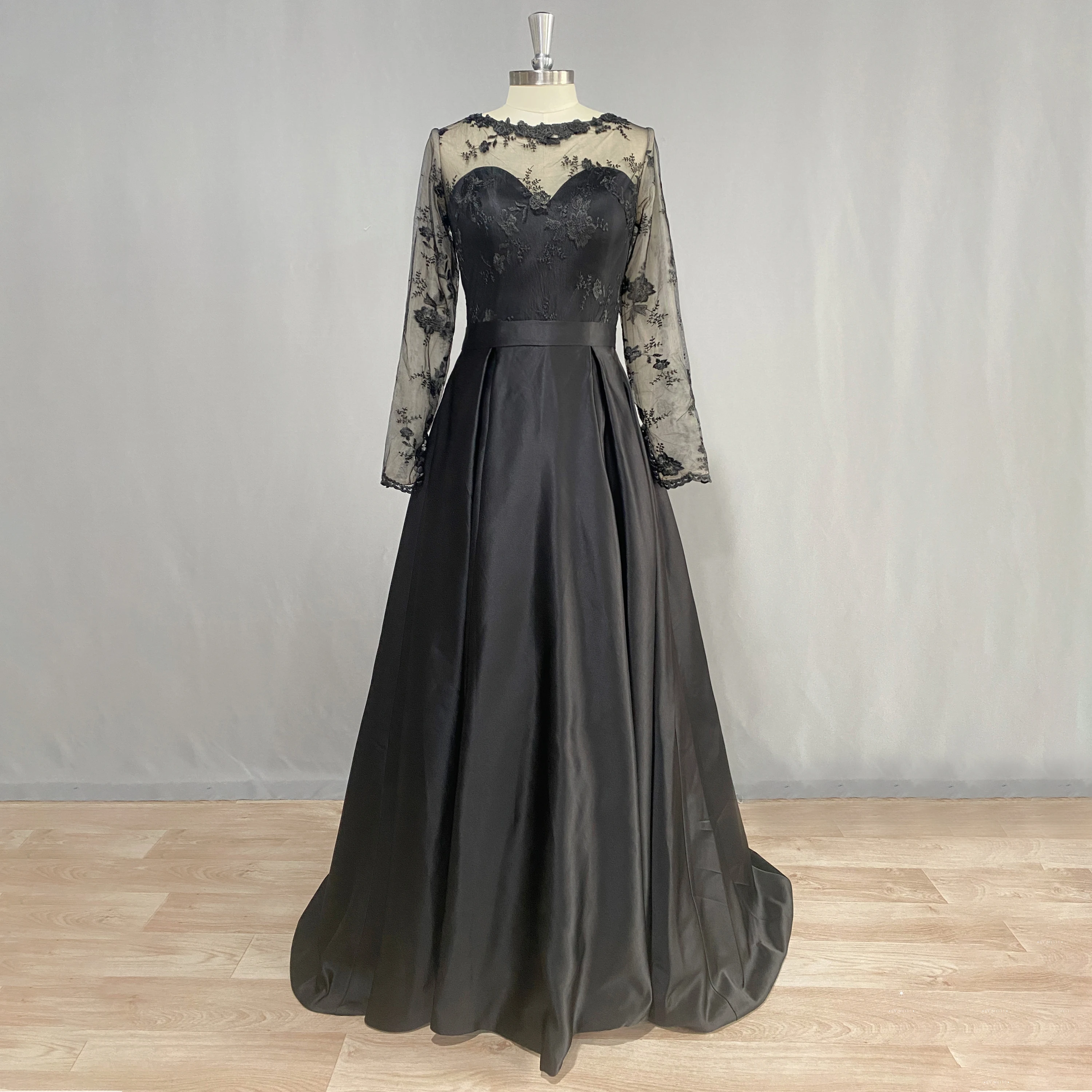 DIDEYTTAWL Customized Black Real Photos Evening Dress For Women Long Sleeves Lace Appliques Satin A Line Formal Party Gown