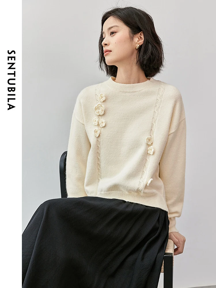 SENTUBILA Crew Collar Knit Sweater Women 2024 Autumn Casual Loose Three-dimensional Flower Long Sleeve Pullover Top W43E56356