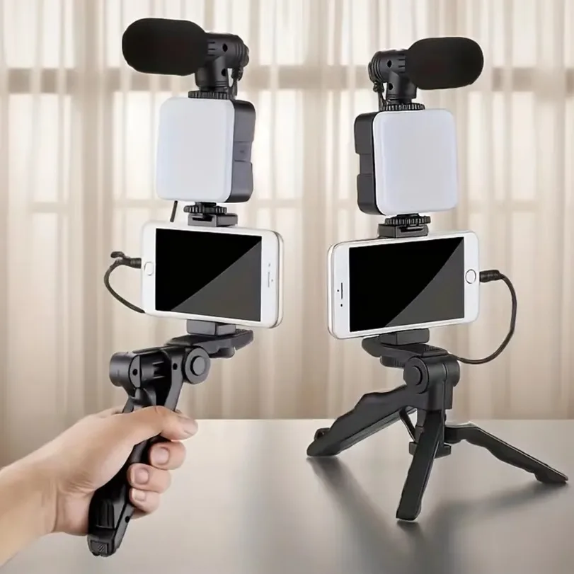 

Portable Desktop Simple Phone Holder Live Streaming Microphone Tripod Kit LED Fill Light for All Smartphone Live Record Mount