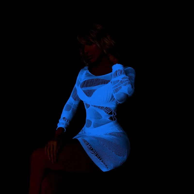Синее свечение в темноте, нижнее белье больших размеров, облегающее платье с длинными рукавами, светящийся сетчатый наряд, женское сексуальное эротическое прозрачное платье на шнуровке