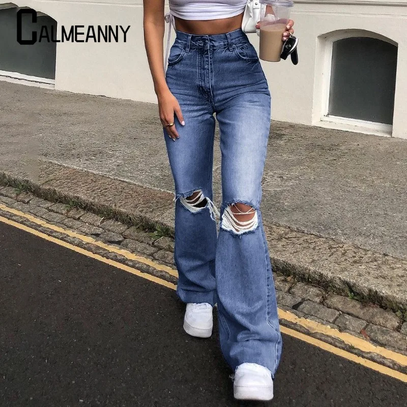 

Women Jean 2023 Summer New Style Korean Edition High Waist Fashion Stretch Knee Ripped Denim Flared Pants Casual Female Trousers