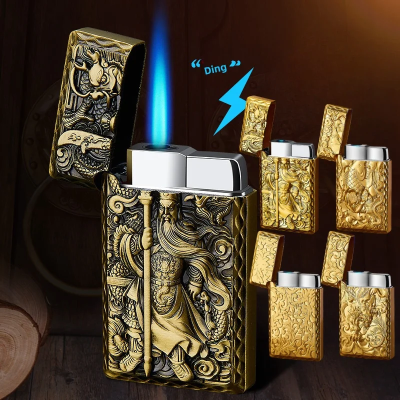 

Bright Sound Metal Windproof Cigar Lighter Butane Gas Lighter Grinding Wheel Press Ignition Jet Torch Lighter Smoking Men's Gift