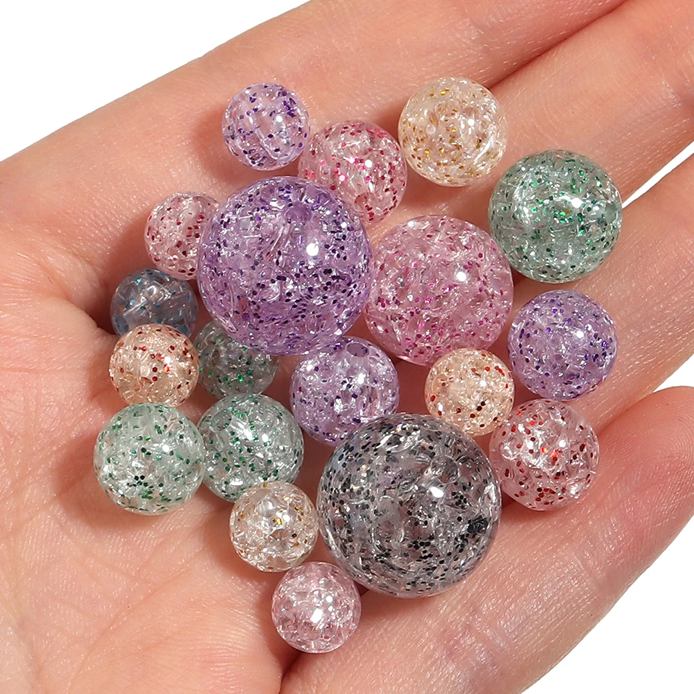 10-100 pièces/lot Perles acryliques rondes à effet craquelé et pailletées multicolores, perles intercalaires en vrac pour la fabrication de bijoux DIY (bracelets, colliers)
