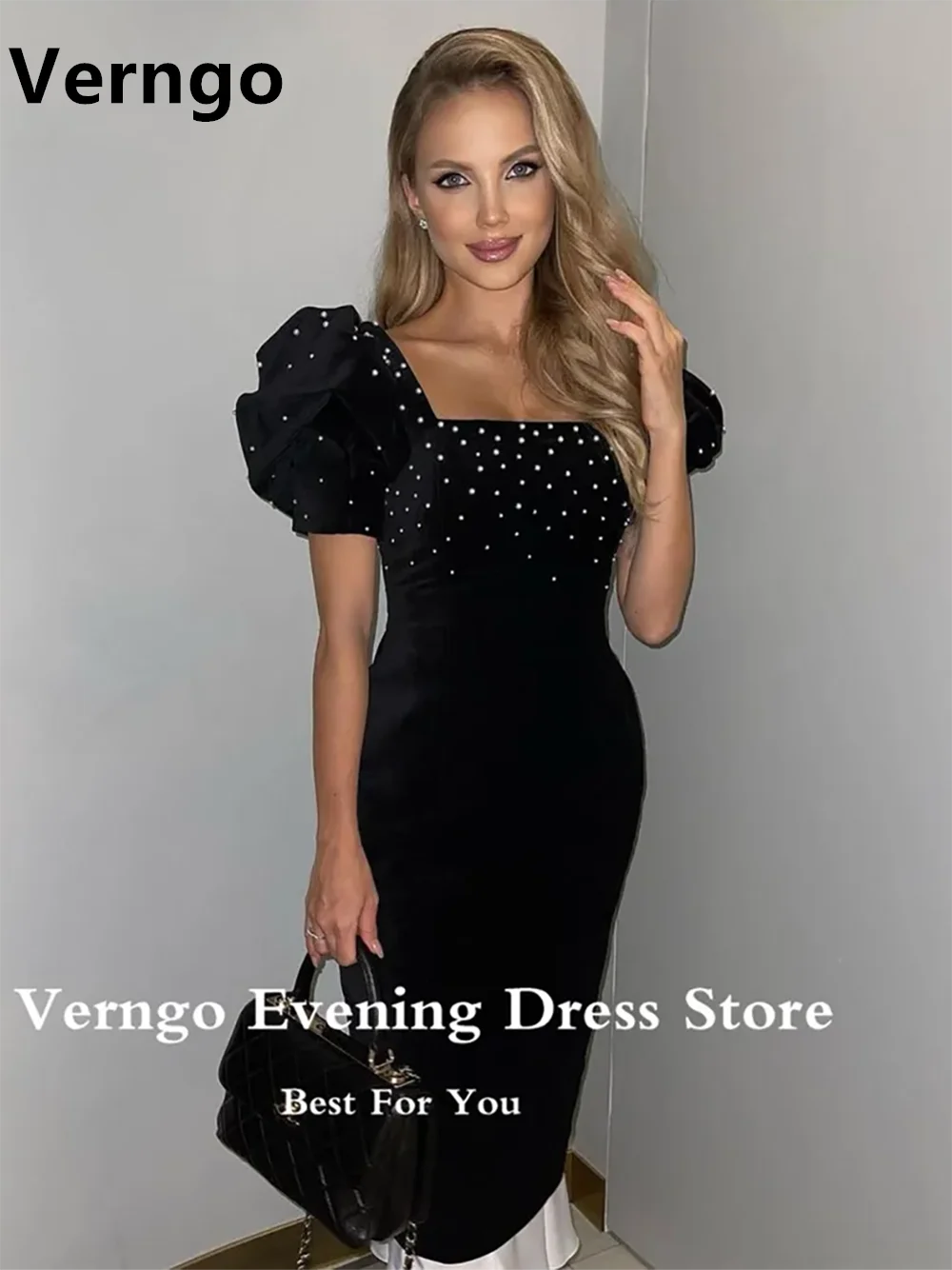 Verngo Black Velvet Pearls Evening Dresses Short Puff Sleeves Tea Length Prom Dress Mermaid Women Formal Gown Outfits